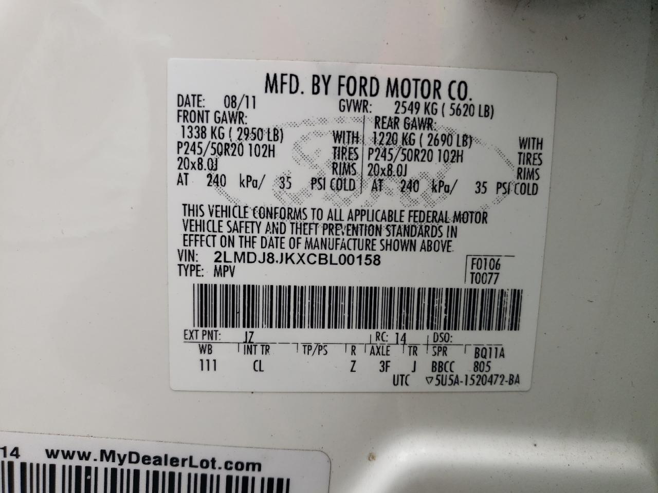 2012 Lincoln Mkx VIN: 2LMDJ8JKXCBL00158 Lot: 63015735