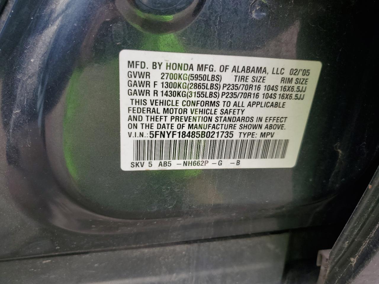 2005 Honda Pilot Ex VIN: 5FNYF18485B021735 Lot: 59589675