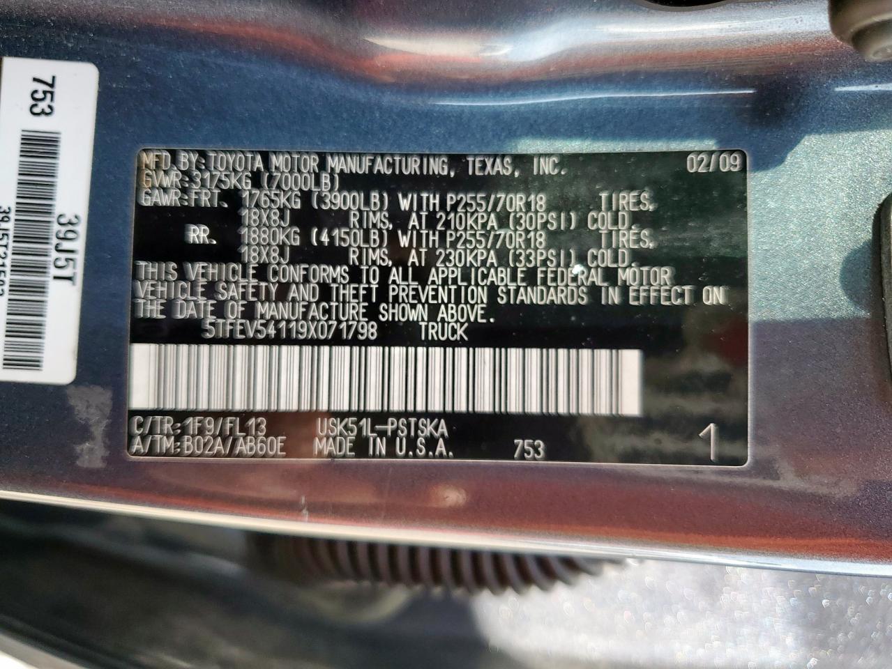 2009 Toyota Tundra Crewmax VIN: 5TFEV54119X071798 Lot: 61353755