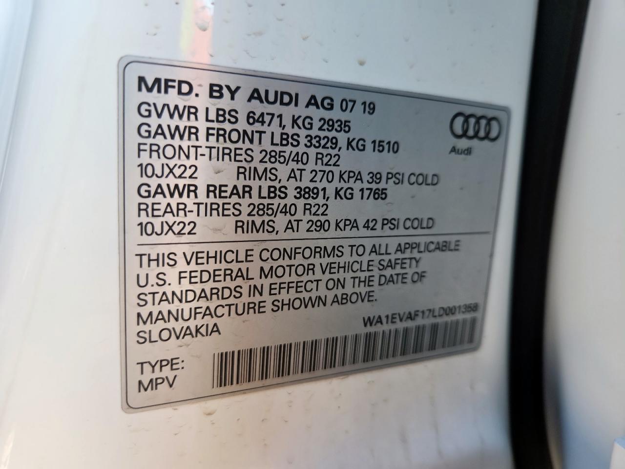 2020 Audi Q8 Premium Plus S-Line VIN: WA1EVAF17LD001358 Lot: 61780075