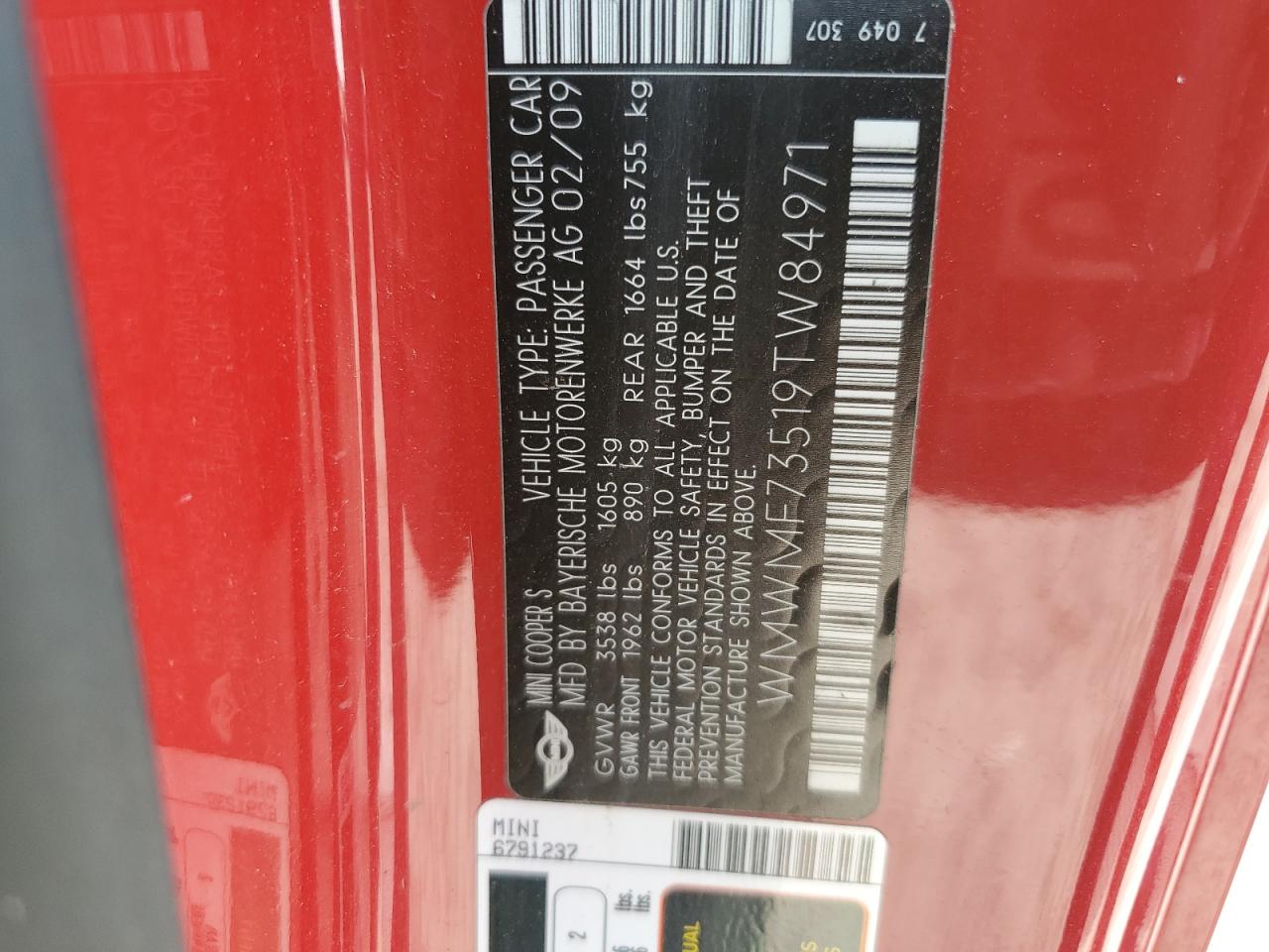 MINI COOPER 2009 VIN WMWMF73519TW84971 zdjęcie 12