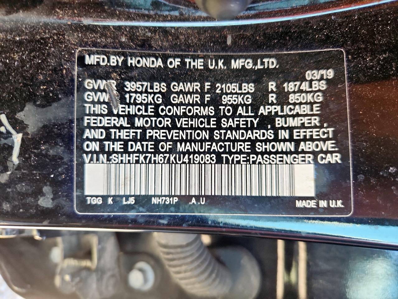 2019 Honda Civic Ex VIN: SHHFK7H67KU419083 Lot: 61008885