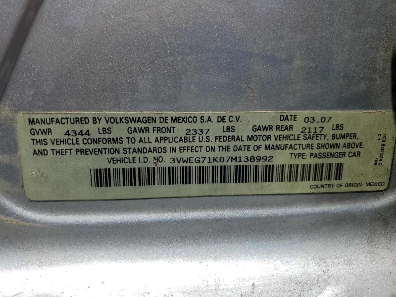2007 Volkswagen Jetta Wolfsburg VIN: 3VWEG71K07M138992 Lot: 62531995