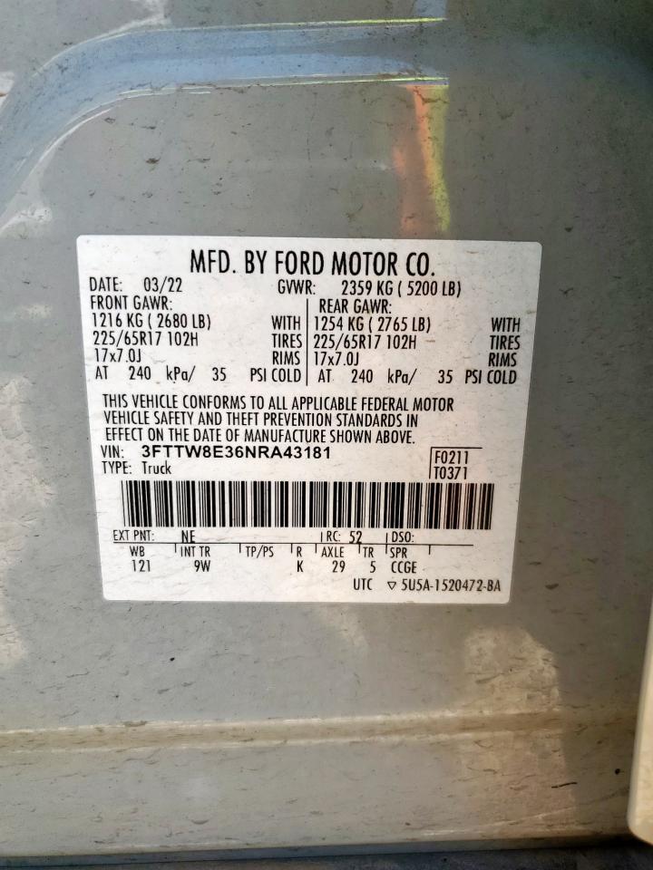 2022 Ford Maverick Xl VIN: 3FTTW8E36NRA43181 Lot: 60967645