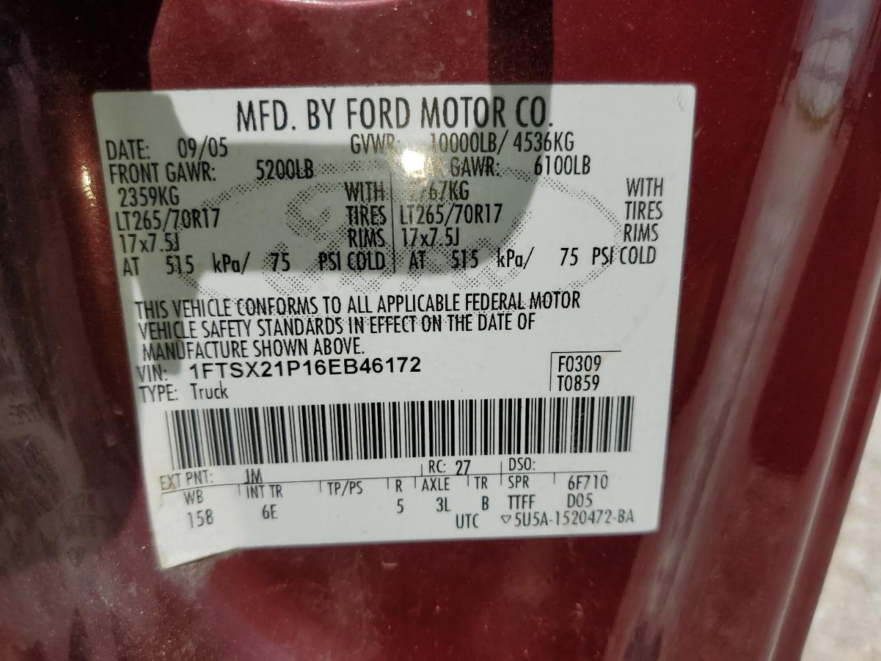 2006 Ford F250 Super Duty VIN: 1FTSX21P16EB46172 Lot: 61773925
