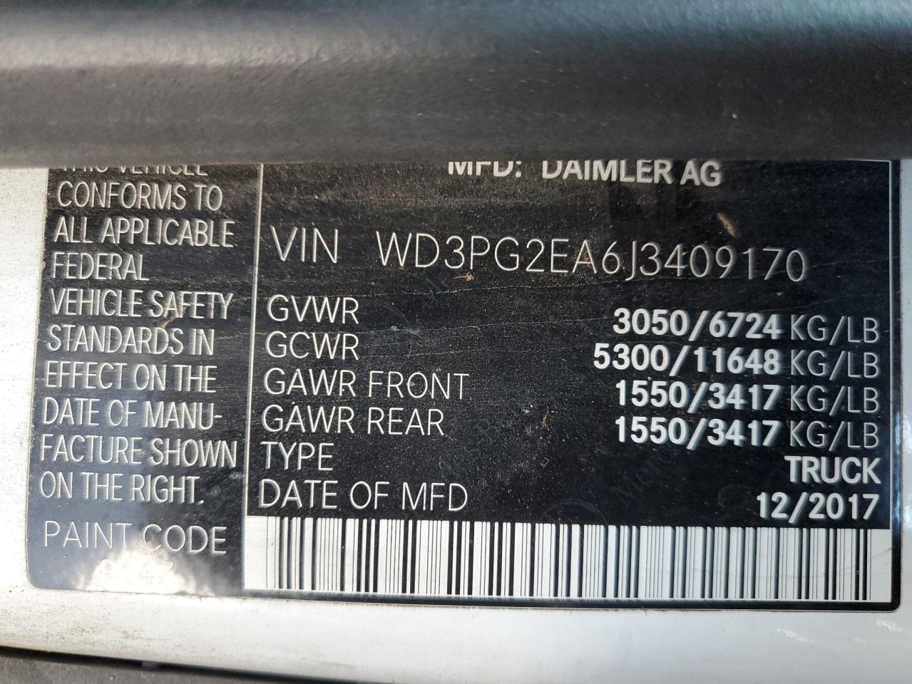 2018 Mercedes-Benz Metris VIN: WD3PG2EA6J3409170 Lot: 62402785