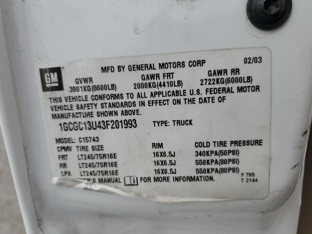 2003 Chevrolet Silverado C1500 Heavy Duty VIN: 1GCGC13U43F201993 Lot: 62189765