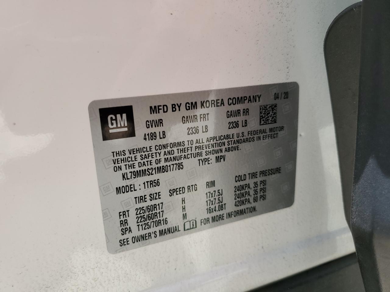 2021 Chevrolet Trailblazer Ls VIN: KL79MMS21MB017785 Lot: 62903475