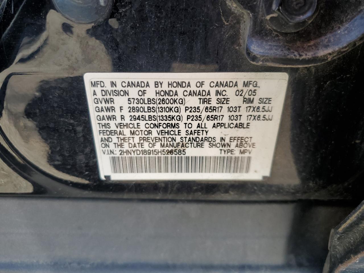 2005 Acura Mdx Touring VIN: 2HNYD18915H526585 Lot: 61642975