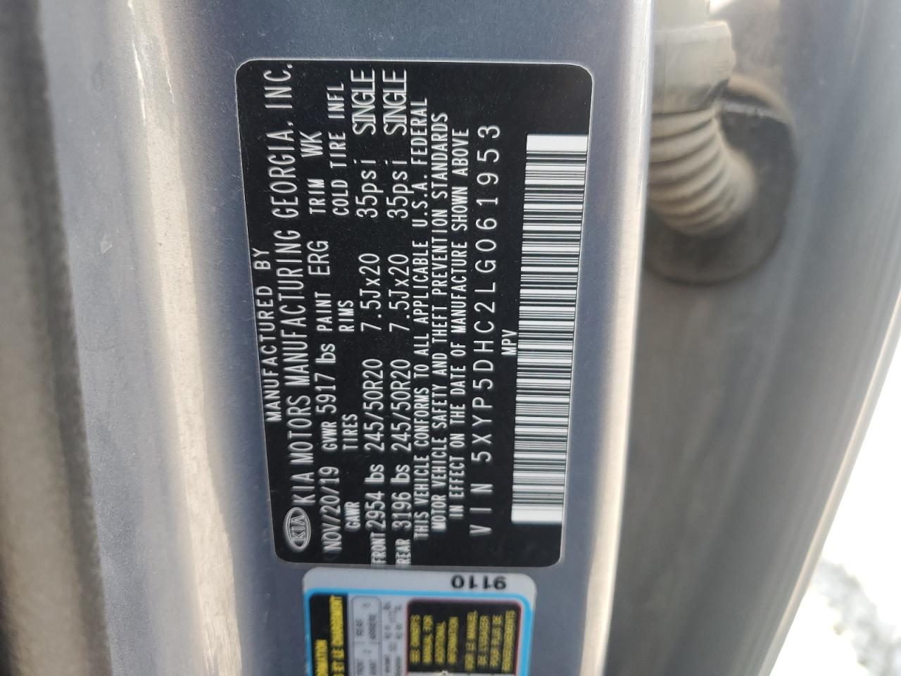 2020 Kia Telluride Sx VIN: 5XYP5DHC2LG061953 Lot: 62049085