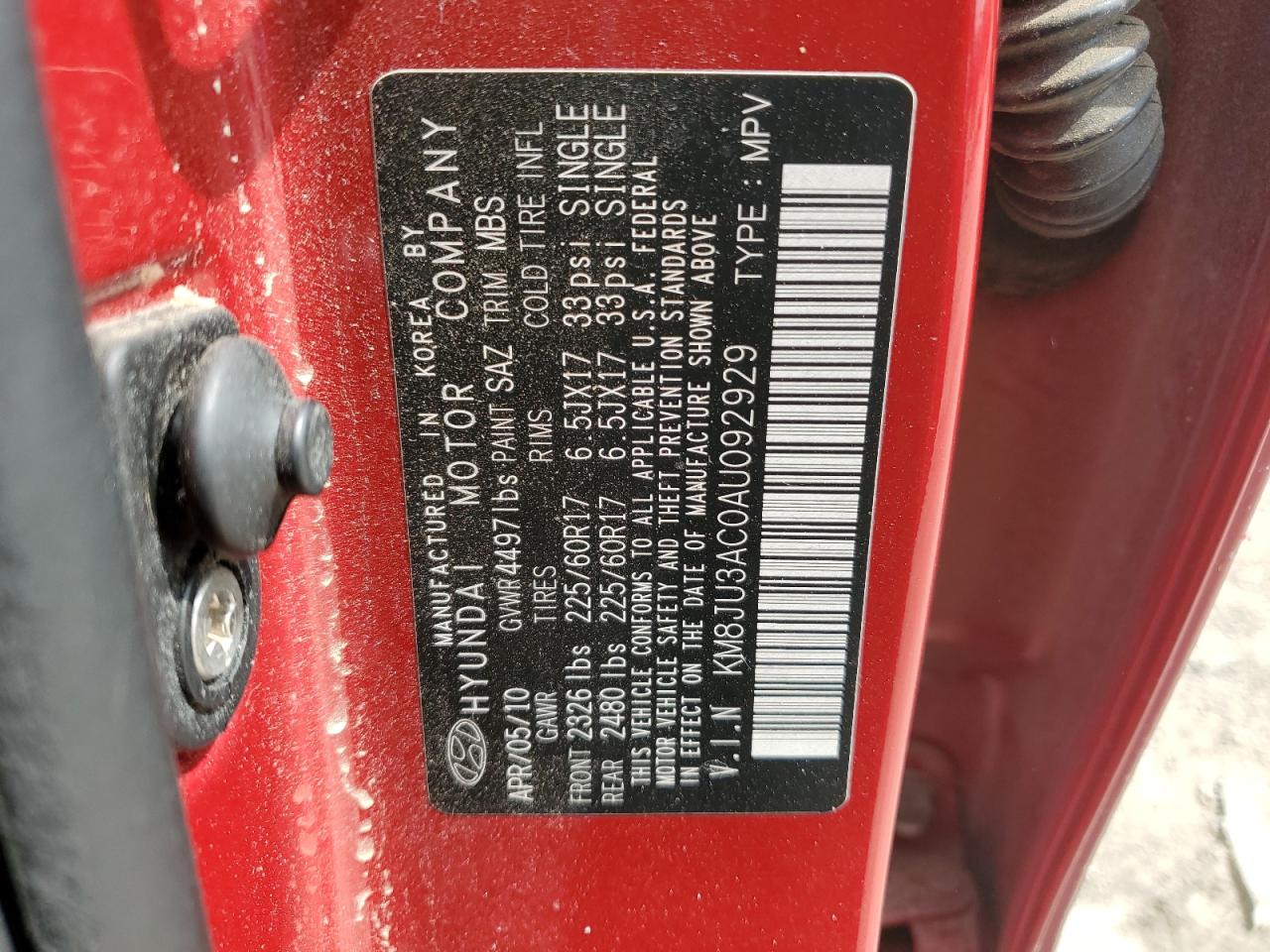 2010 Hyundai Tucson Gls VIN: KM8JU3AC0AU092929 Lot: 61043235