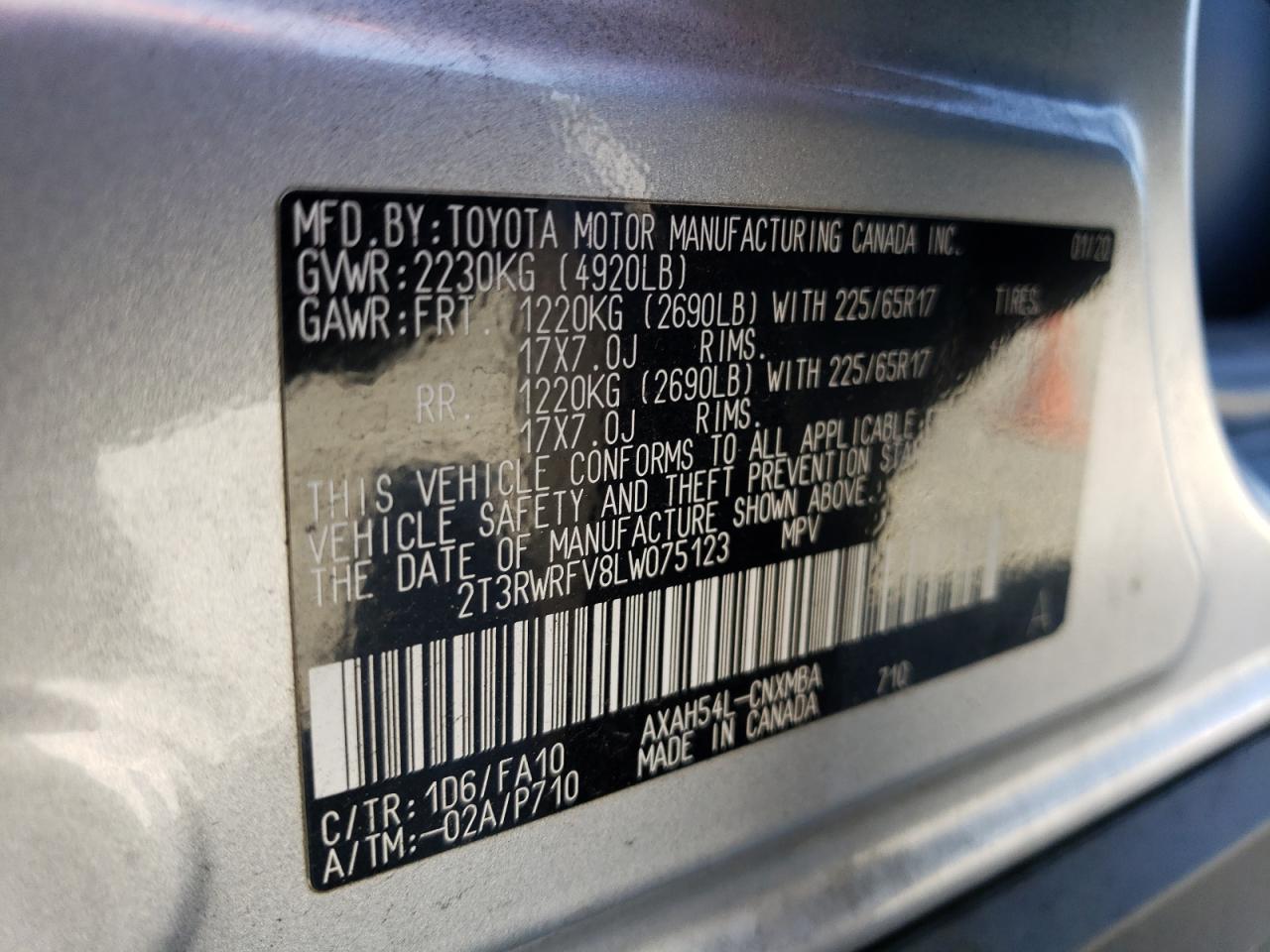 2020 Toyota Rav4 Xle VIN: 2T3RWRFV8LW075123 Lot: 62958255