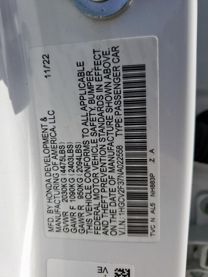 2022 Honda Accord Sport VIN: 1HGCV2F37NA022558 Lot: 61153665