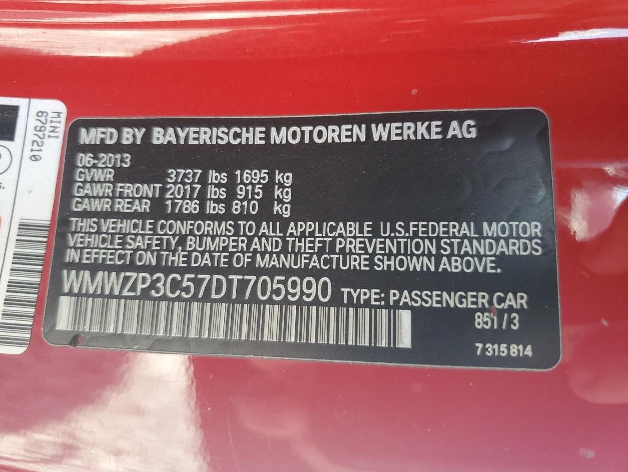 2013 Mini Cooper S VIN: WMWZP3C57DT705990 Lot: 62725675