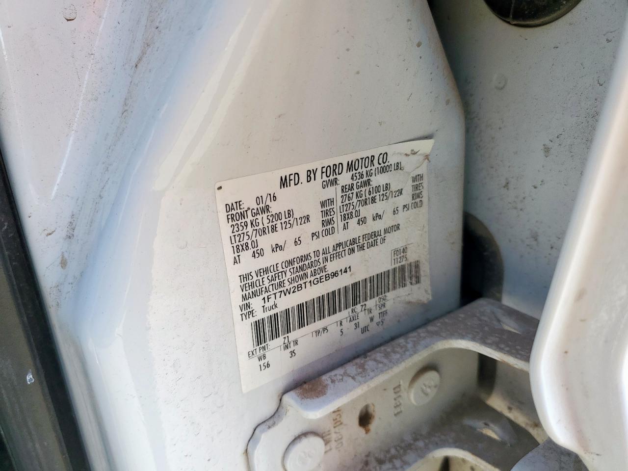 2016 Ford F250 Super Duty VIN: 1FT7W2BT1GEB96141 Lot: 62566295