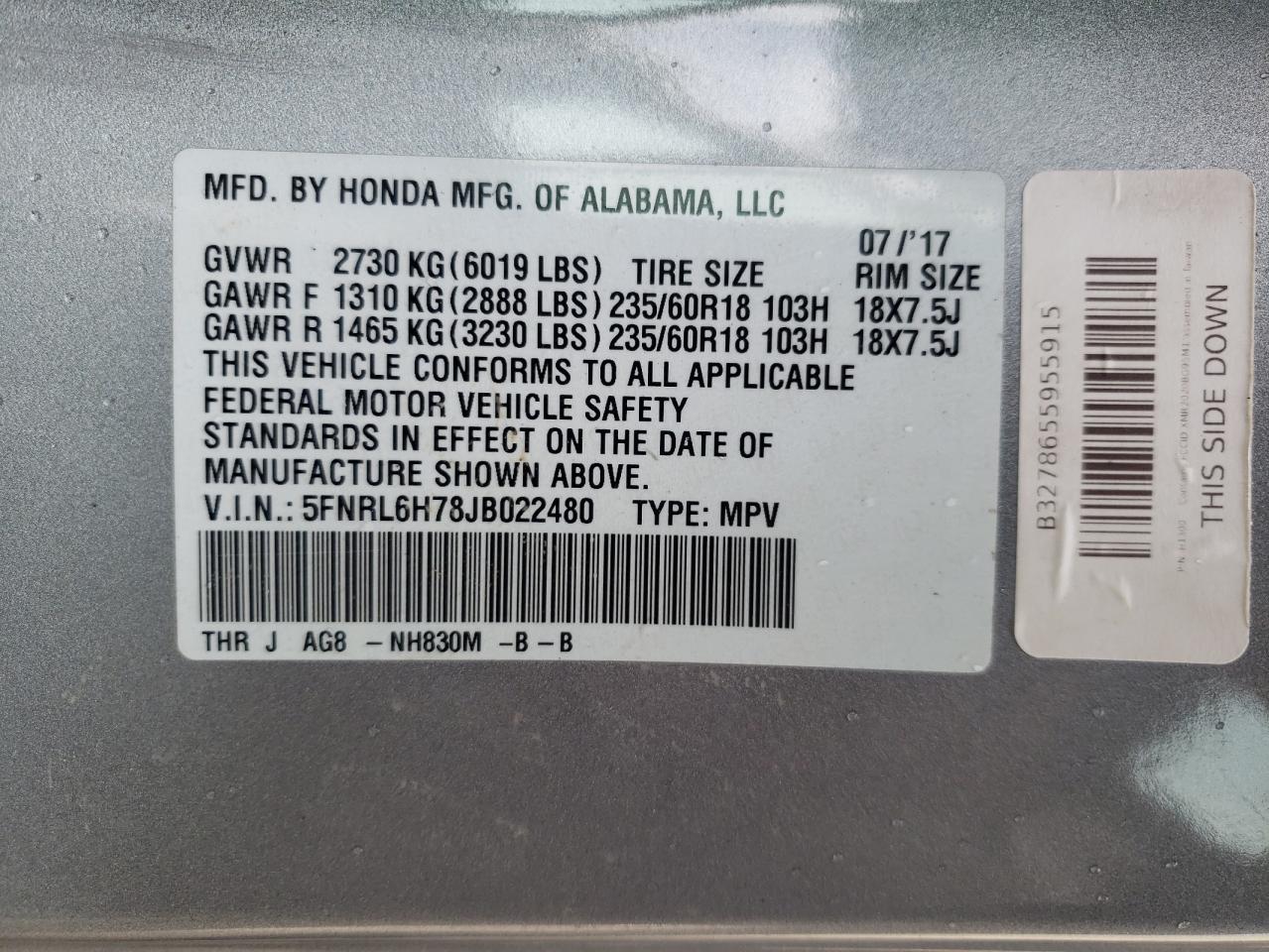5FNRL6H78JB022480 2018 Honda Odyssey Exl