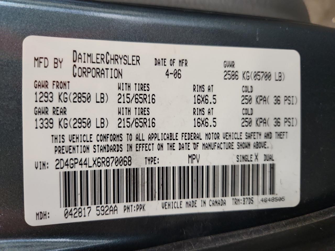 2006 Dodge Grand Caravan Sxt VIN: 2D4GP44LX6R870068 Lot: 60201595