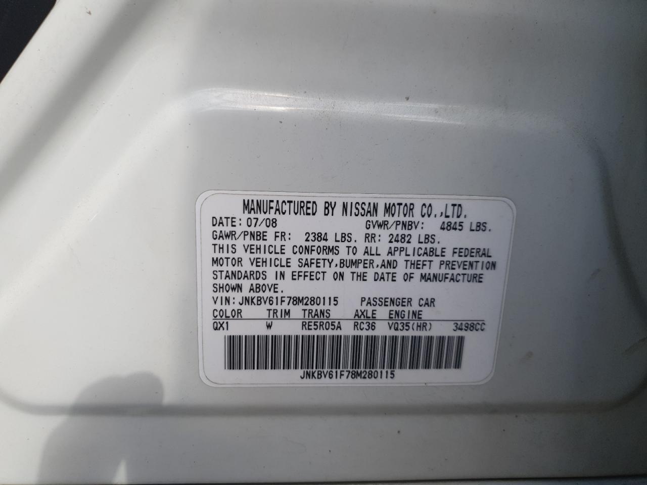 2008 Infiniti G35 VIN: JNKBV61F78M280115 Lot: 61946545