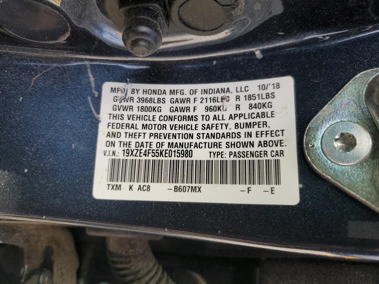 2019 Honda Insight Ex VIN: 19XZE4F55KE015980 Lot: 60106195