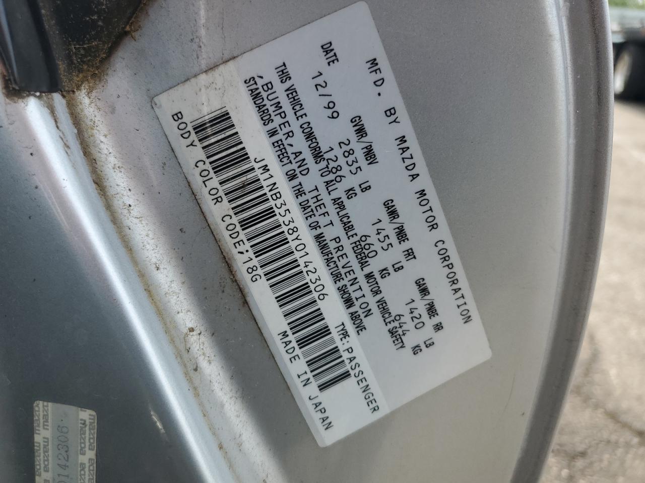 2000 Mazda Mx-5 Miata Base VIN: JM1NB3538Y0142306 Lot: 60708835
