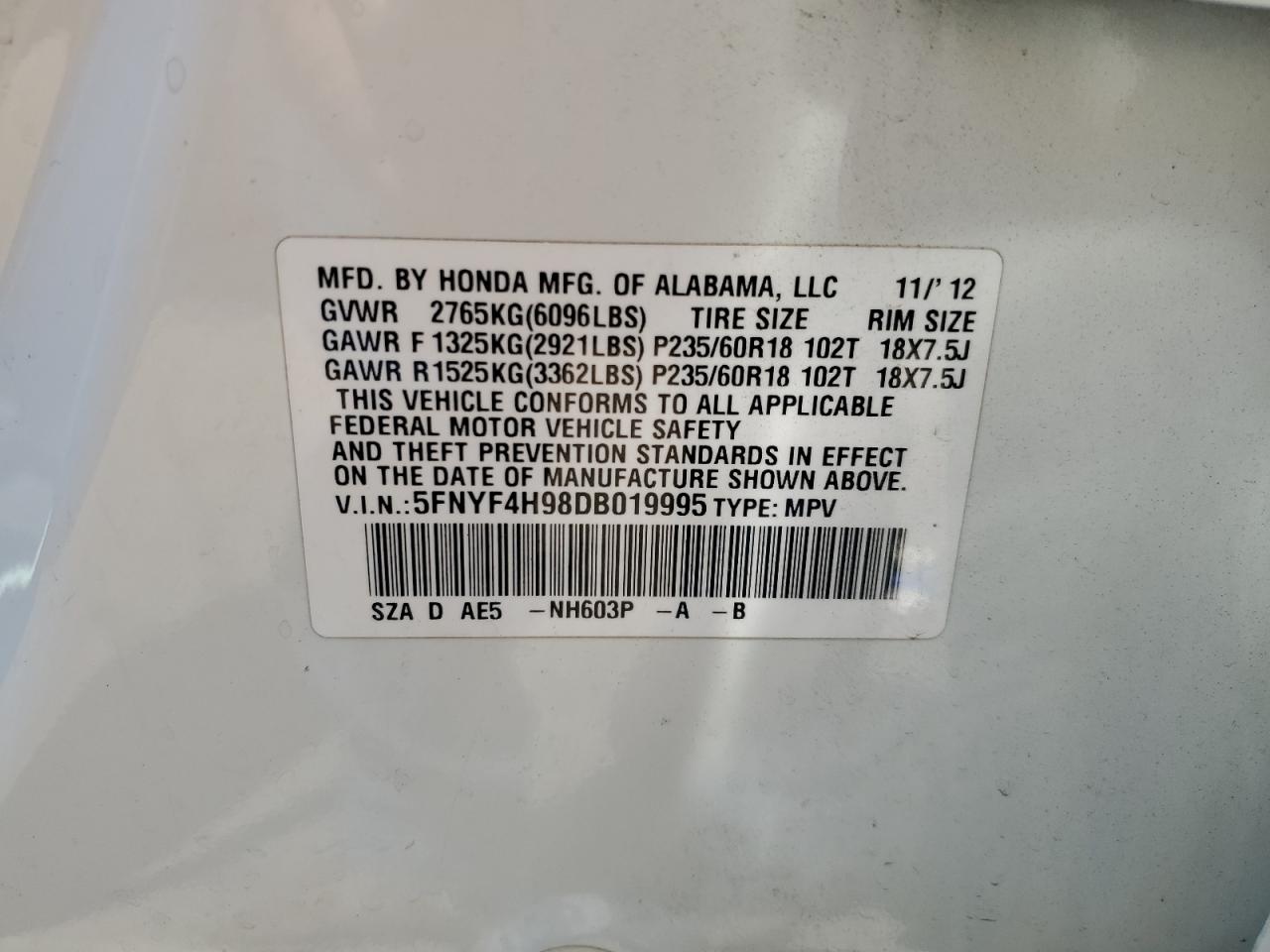 2013 Honda Pilot Touring VIN: 5FNYF4H98DB019995 Lot: 62954795