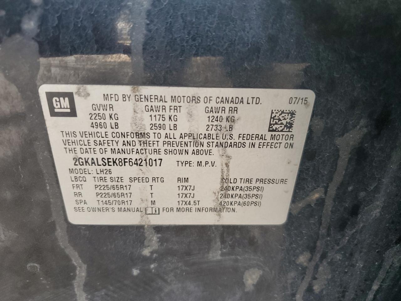 2015 GMC Terrain Slt VIN: 2GKALSEK8F6421017 Lot: 61160505