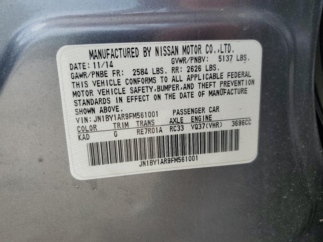 2015 Infiniti Q70 3.7 VIN: JN1BY1AR9FM561001 Lot: 59901505