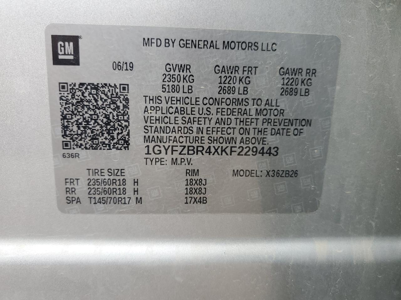2019 Cadillac Xt4 Luxury VIN: 1GYFZBR4XKF229443 Lot: 60884545