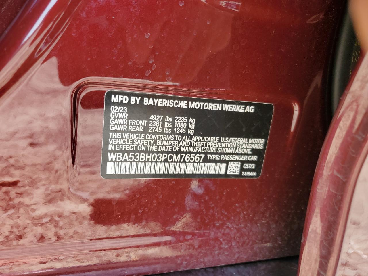 2023 BMW 530 I VIN: WBA53BH03PCM76567 Lot: 62285765