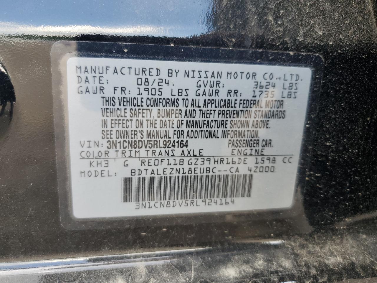 2024 Nissan Versa S VIN: 3N1CN8DV5RL924164 Lot: 63088585