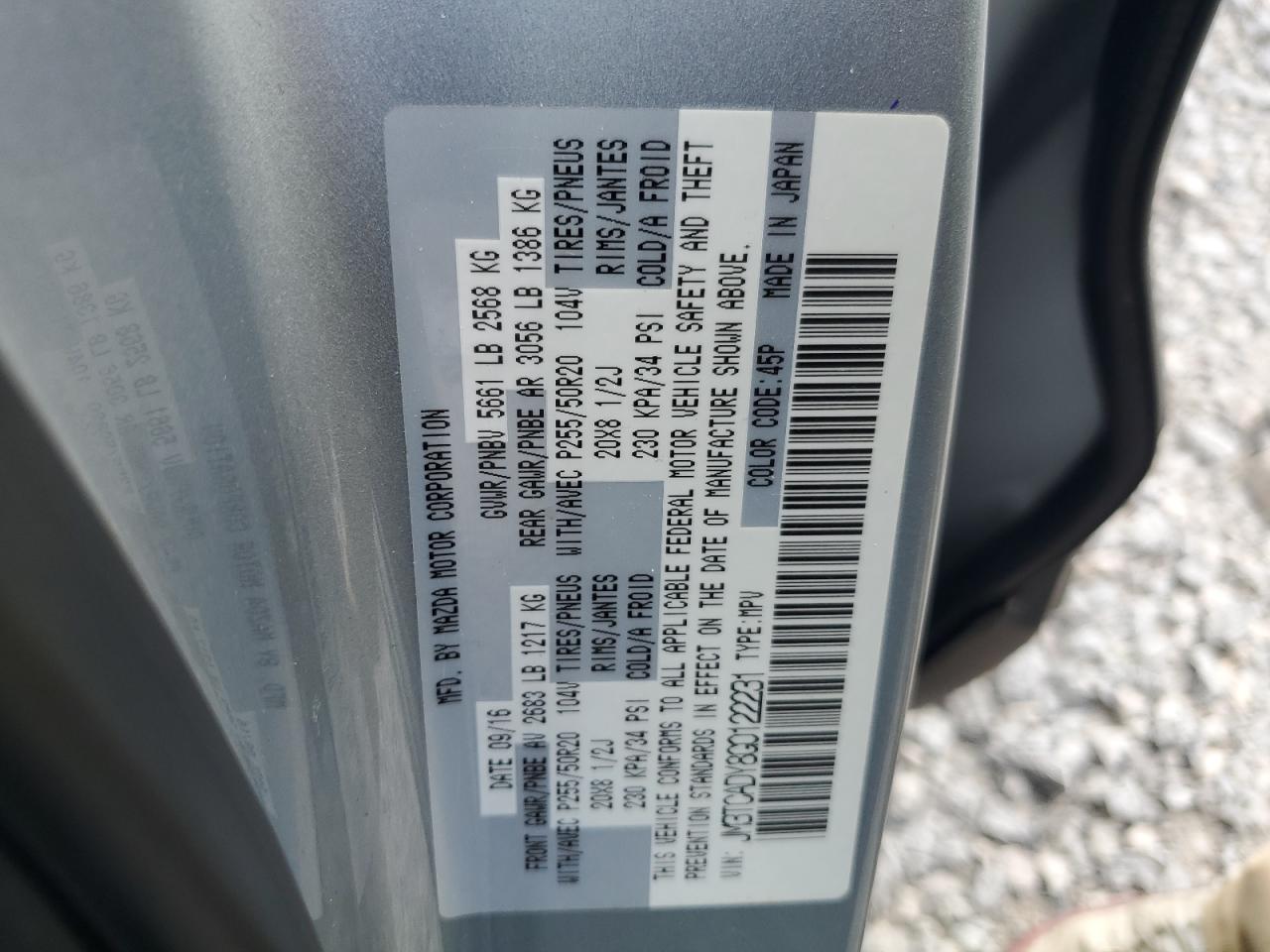2016 Mazda Cx-9 Grand Touring VIN: JM3TCADY8G0122231 Lot: 63101505