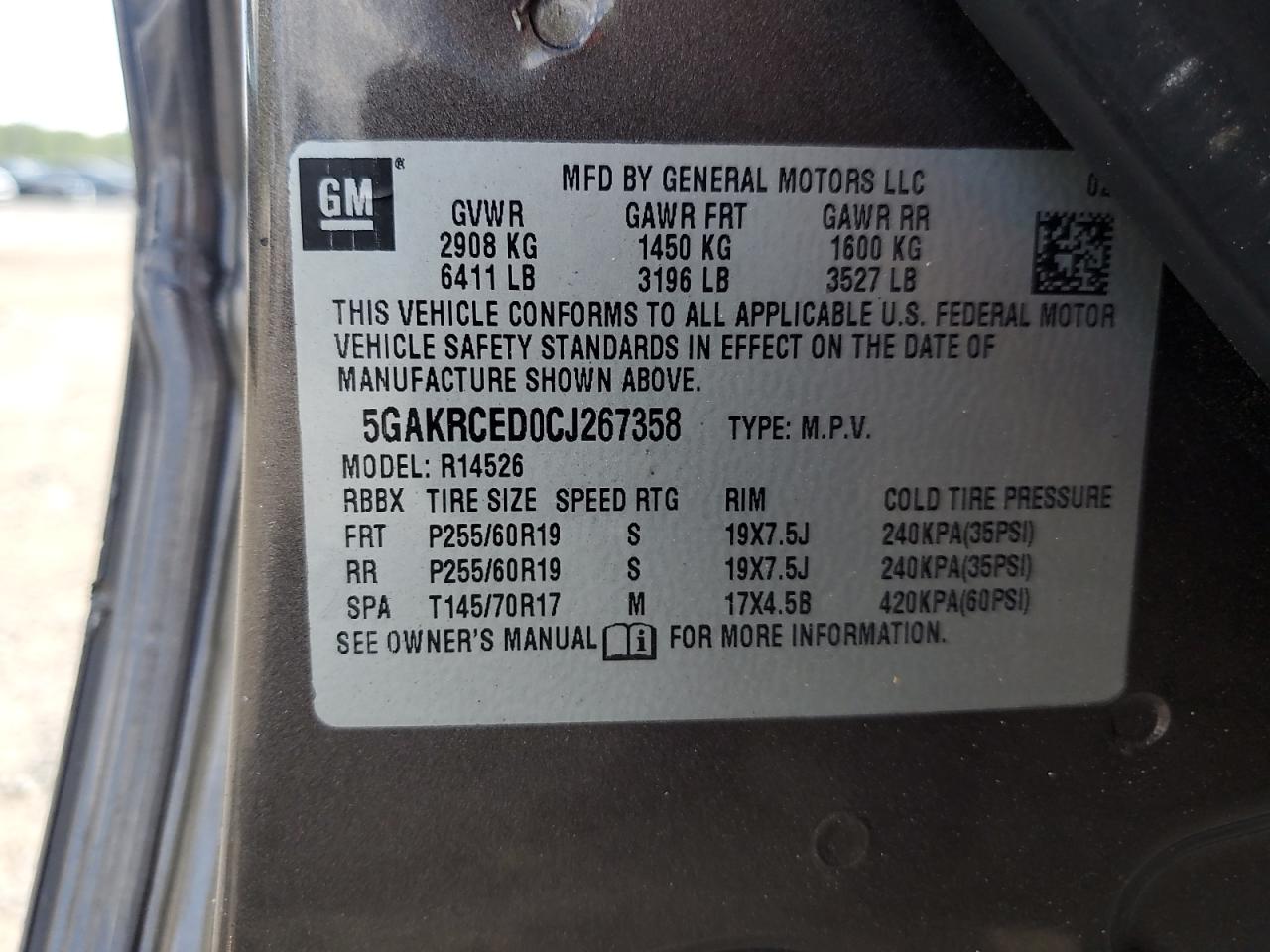 2012 Buick Enclave VIN: 5GAKRCED0CJ267358 Lot: 61225725