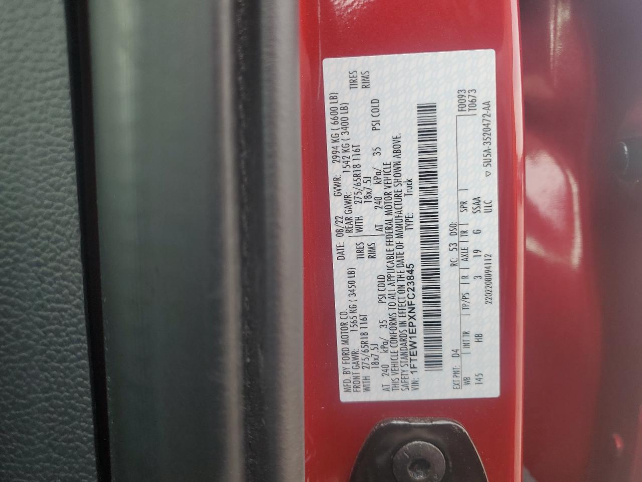 2022 Ford F150 Supercrew VIN: 1FTEW1EPXNFC23845 Lot: 59730095