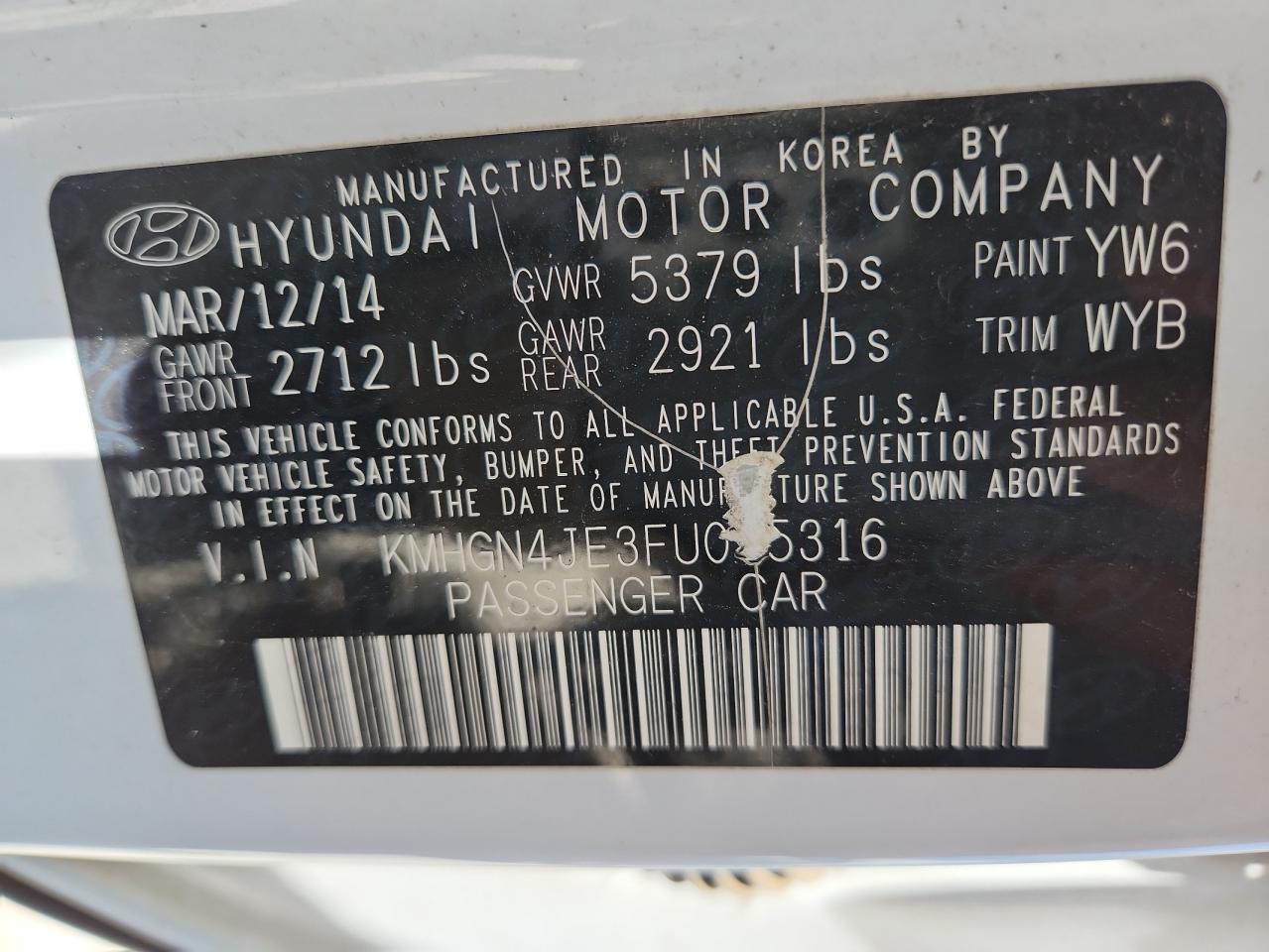 2015 Hyundai Genesis 3.8L VIN: KMHGN4JE3FU015316 Lot: 62264455