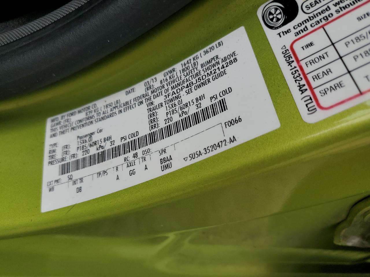 2013 Ford Fiesta Se VIN: 3FADP4BJ5DM214288 Lot: 60137625