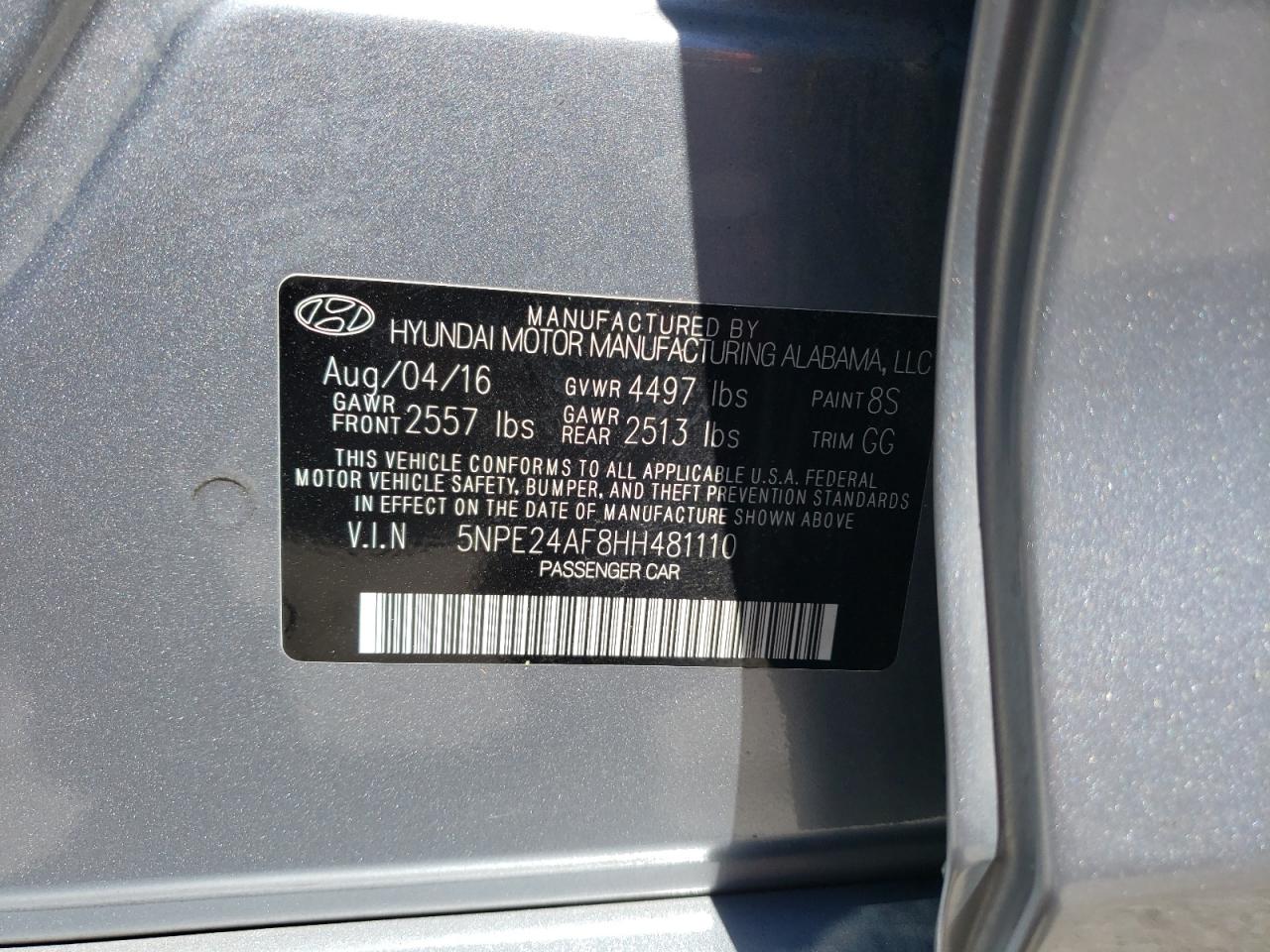 2017 Hyundai Sonata Se VIN: 5NPE24AF8HH481110 Lot: 63316975