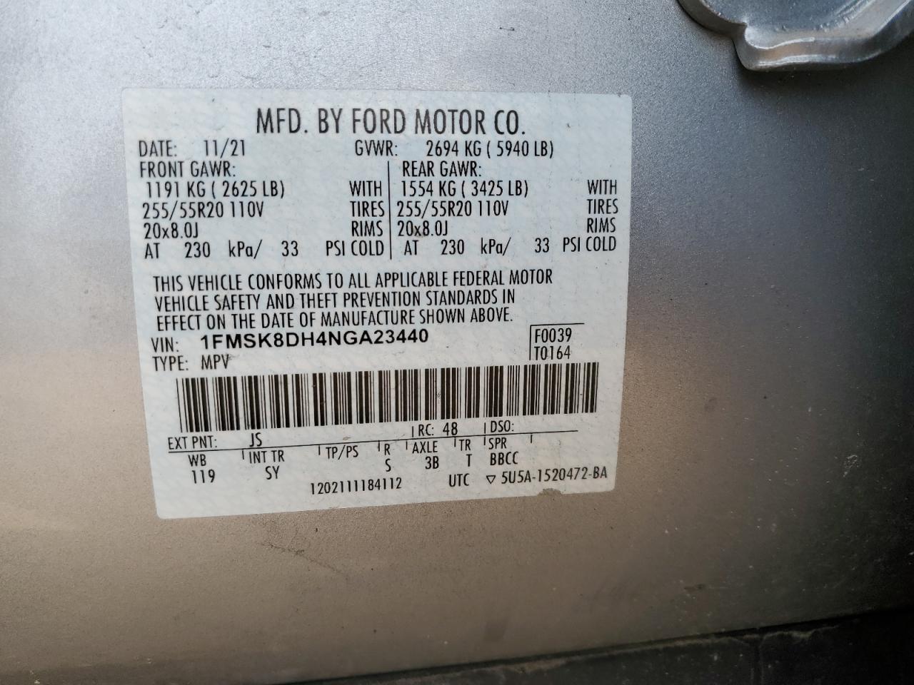2022 Ford Explorer Xlt VIN: 1FMSK8DH4NGA23440 Lot: 59329585