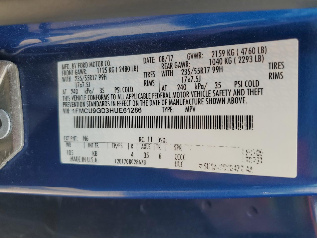 2017 Ford Escape Se VIN: 1FMCU9GD3HUE61286 Lot: 59290625