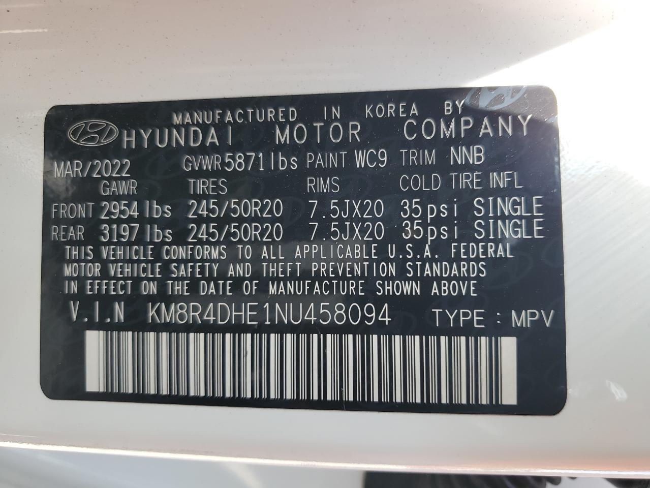 2022 Hyundai Palisade Sel VIN: KM8R4DHE1NU458094 Lot: 62136285
