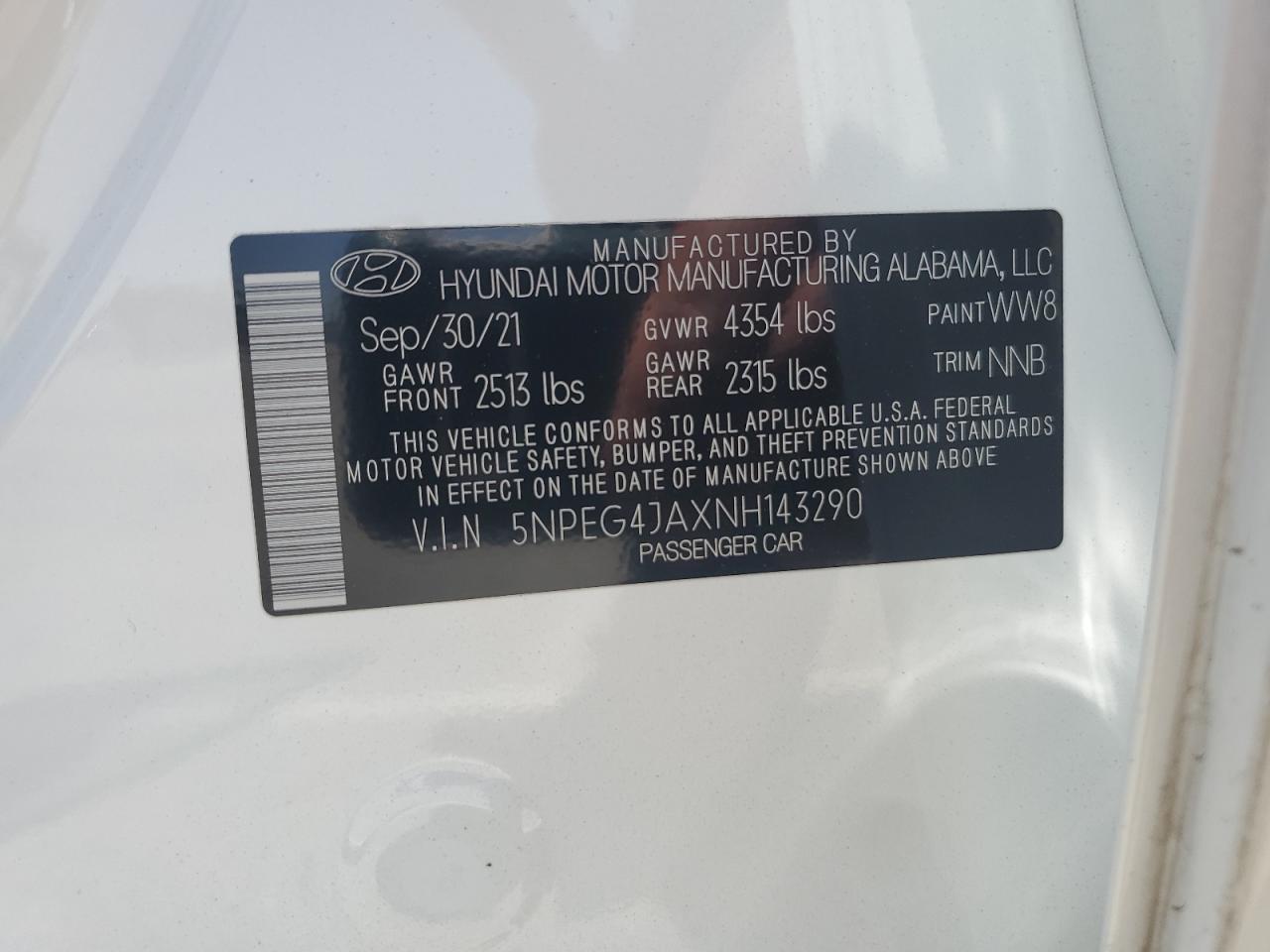 2022 Hyundai Sonata Se VIN: 5NPEG4JAXNH143290 Lot: 61674225