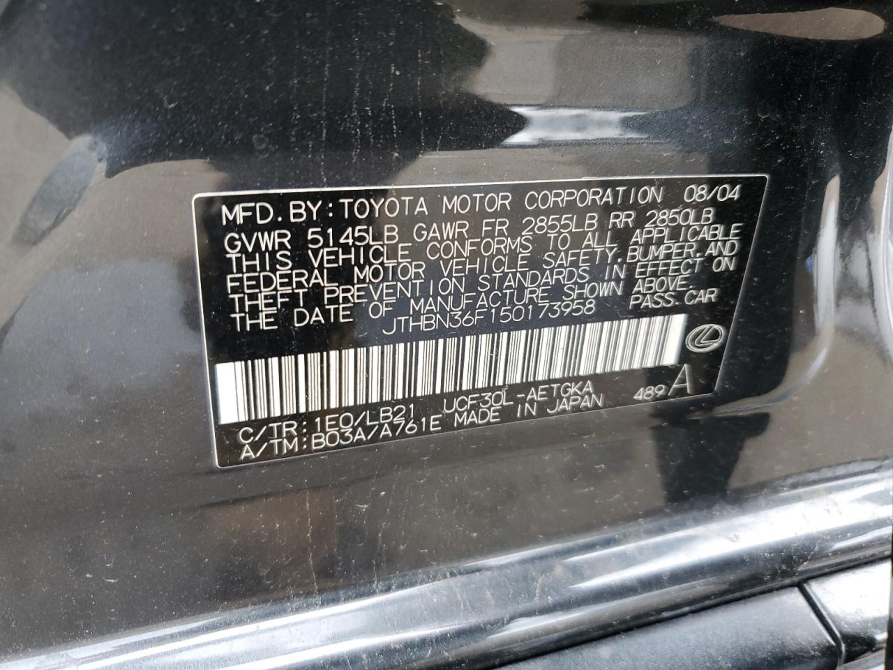 2005 Lexus Ls 430 VIN: JTHBN36F150173958 Lot: 59299855