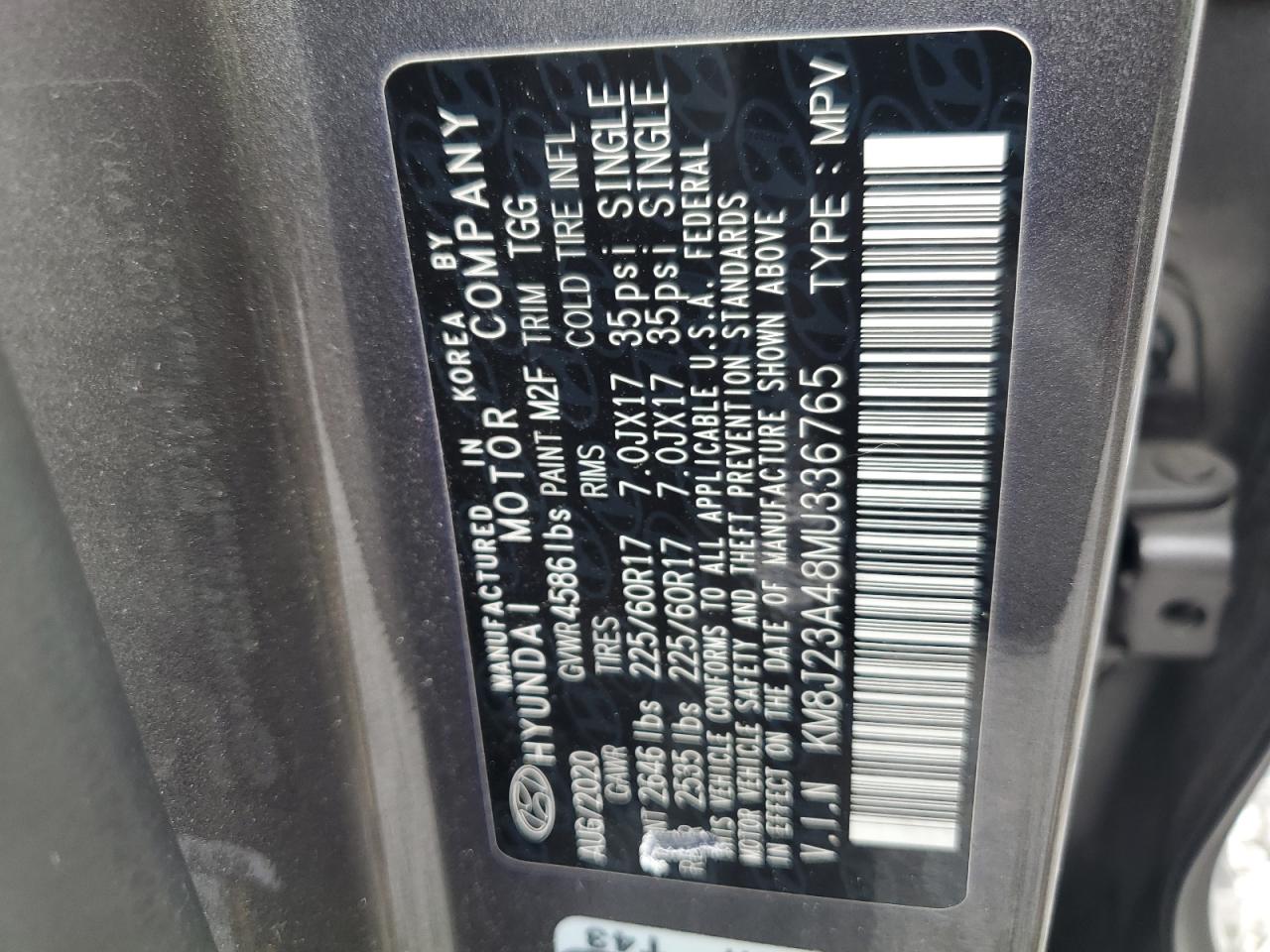 2021 Hyundai Tucson Se VIN: KM8J23A48MU336765 Lot: 63039785