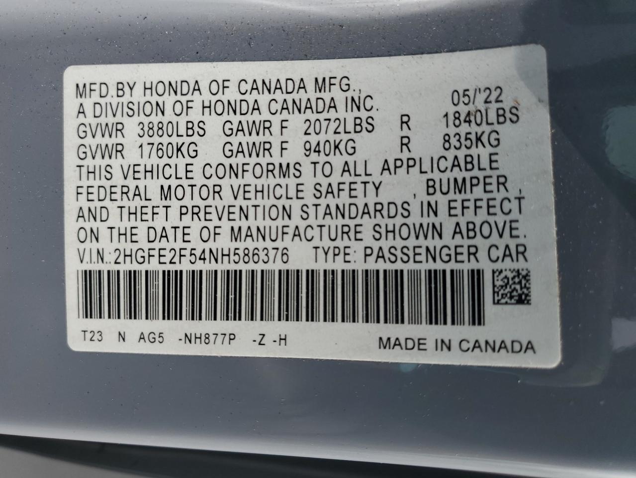 2022 Honda Civic Sport VIN: 2HGFE2F54NH586376 Lot: 62347065