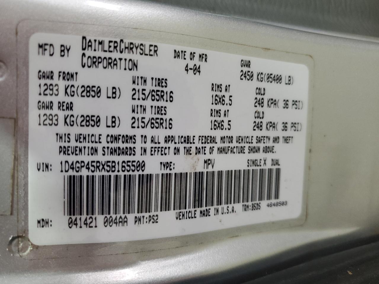 2005 Dodge Caravan Sxt VIN: 1D4GP45RX5B165500 Lot: 59680105