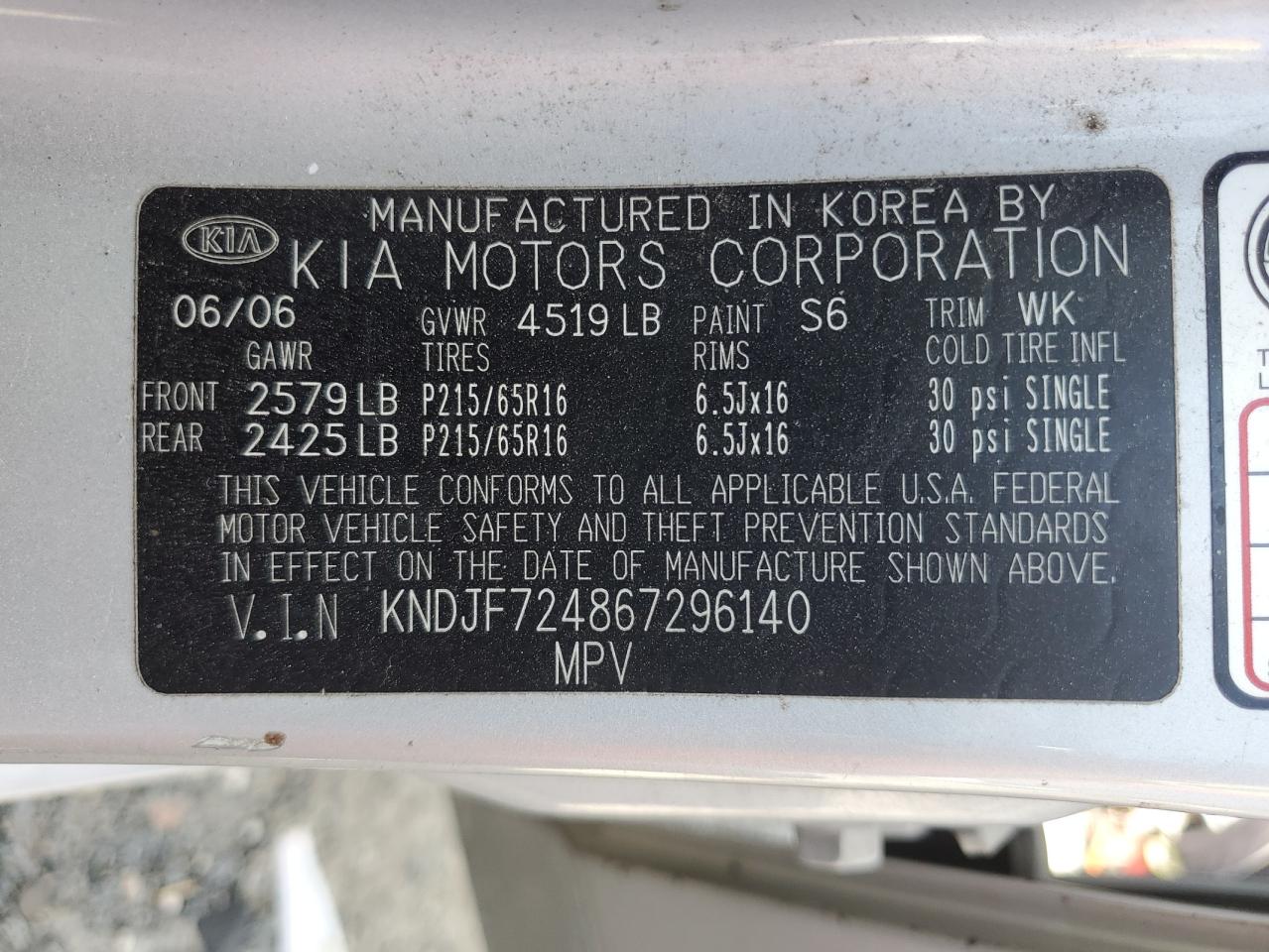 2006 Kia New Sportage VIN: KNDJF724867296140 Lot: 62120985