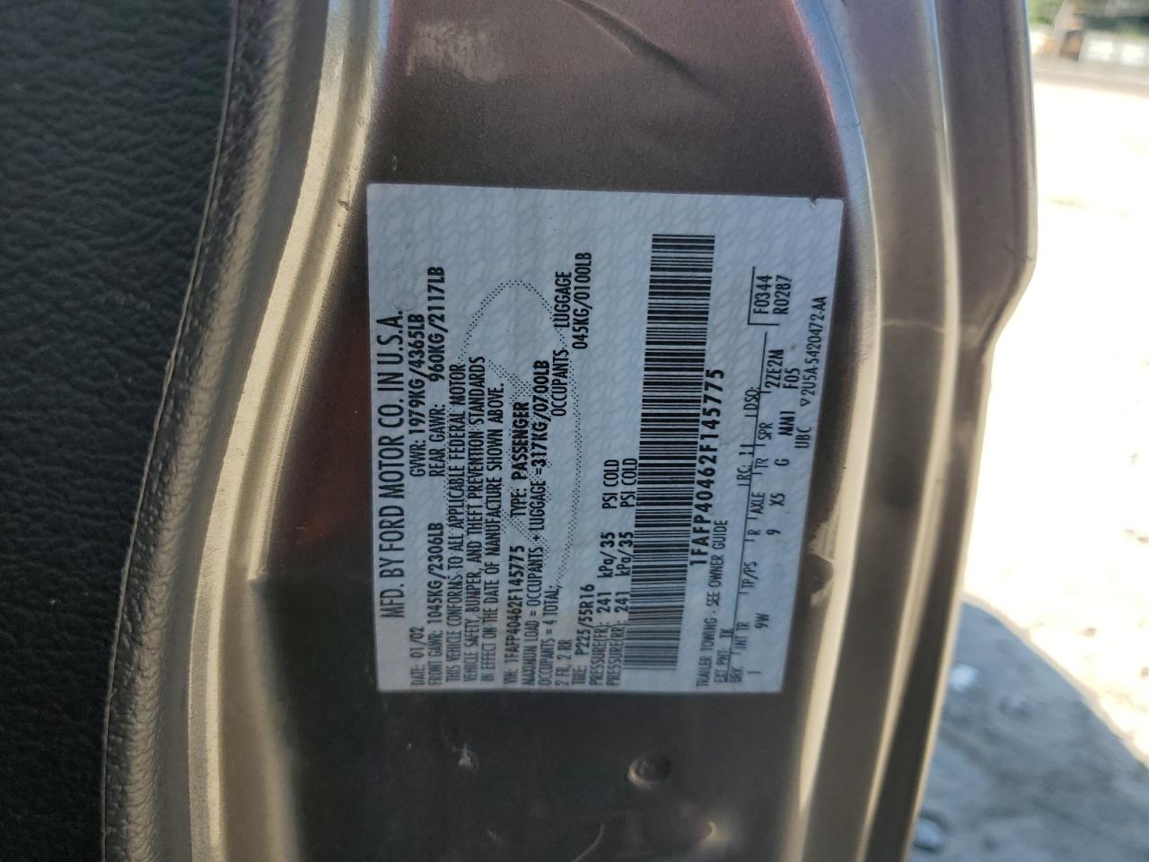 2002 Ford Mustang VIN: 1FAFP40462F145775 Lot: 62979925