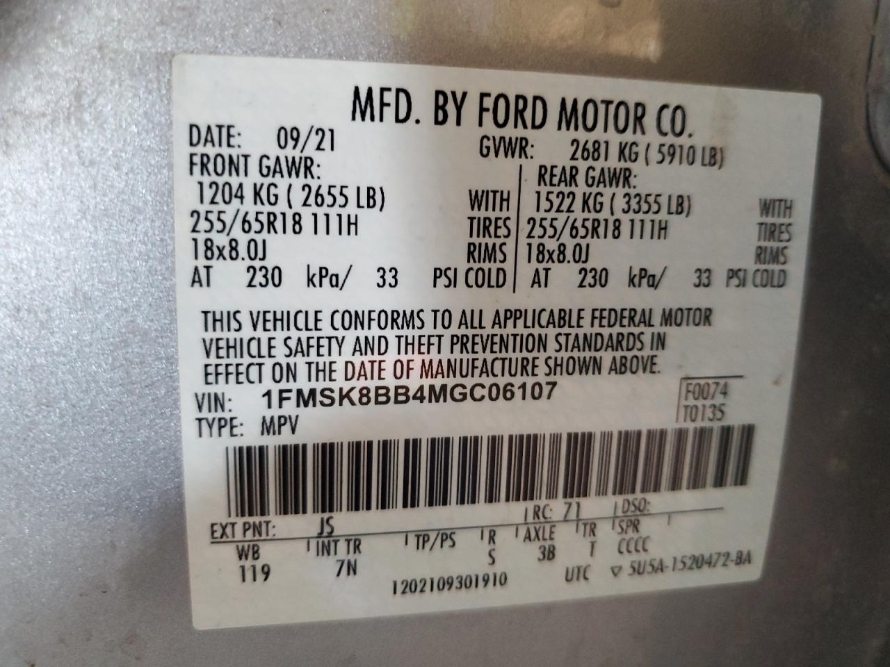 2021 Ford Explorer VIN: 1FMSK8BB4MGC06107 Lot: 62816115