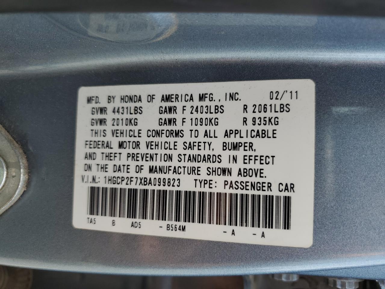 2011 Honda Accord Ex VIN: 1HGCP2F7XBA099823 Lot: 61169885