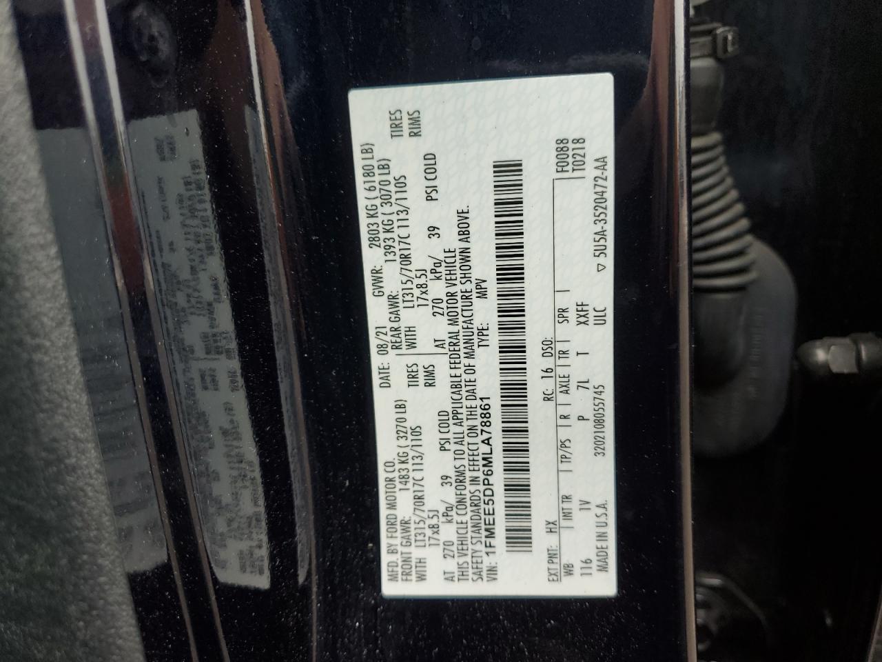 2021 Ford Bronco Base VIN: 1FMEE5DP6MLA78861 Lot: 60694115