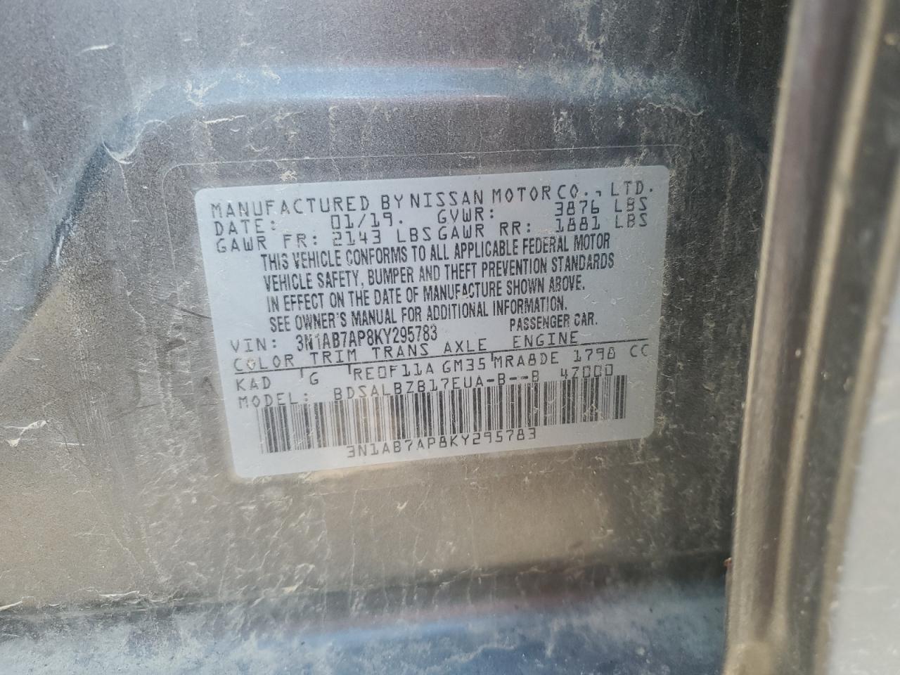 2019 Nissan Sentra S VIN: 3N1AB7AP8KY295783 Lot: 62142755